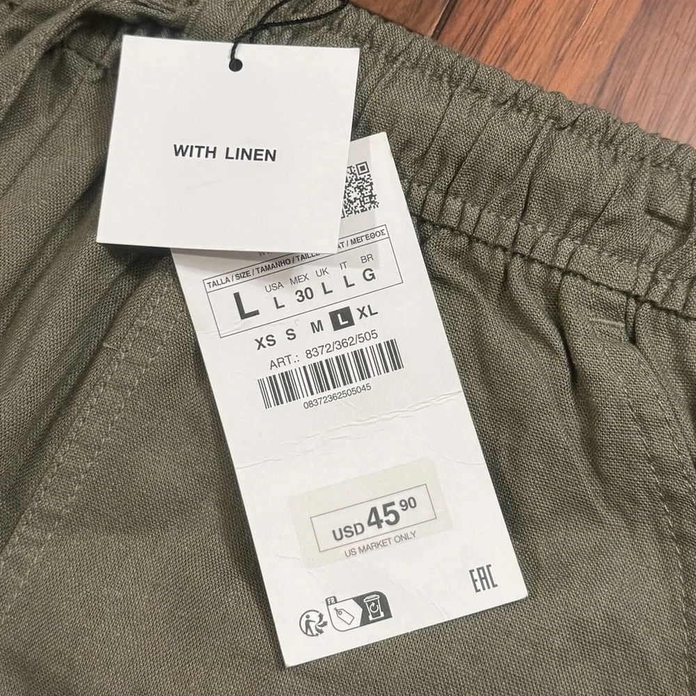NWT Zara Linen Blend Cargo Pants Size:L Pockets Pull On women Olive Lightweight